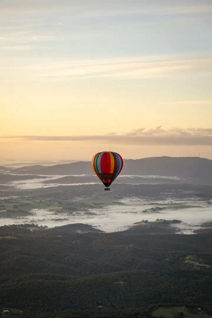 A hot air balloon rising over fog-filled valleys in the Yarra Valley at sunrise